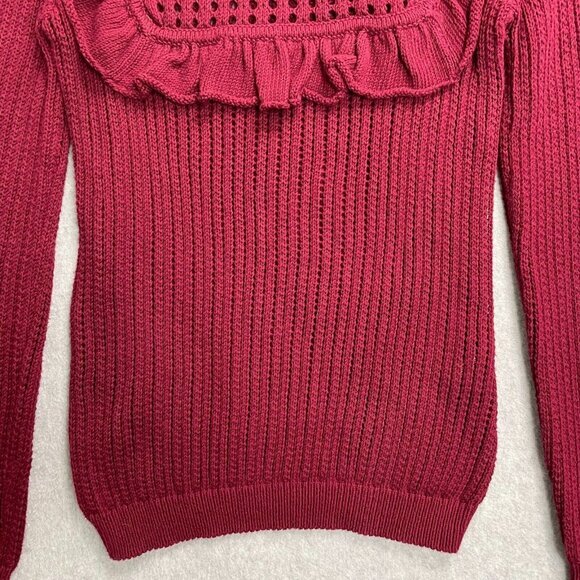 Minnie Rose Sweater Womens Medium Red Open Knit Ruffles Long Sleeve Cotton - Picture 3 of 12